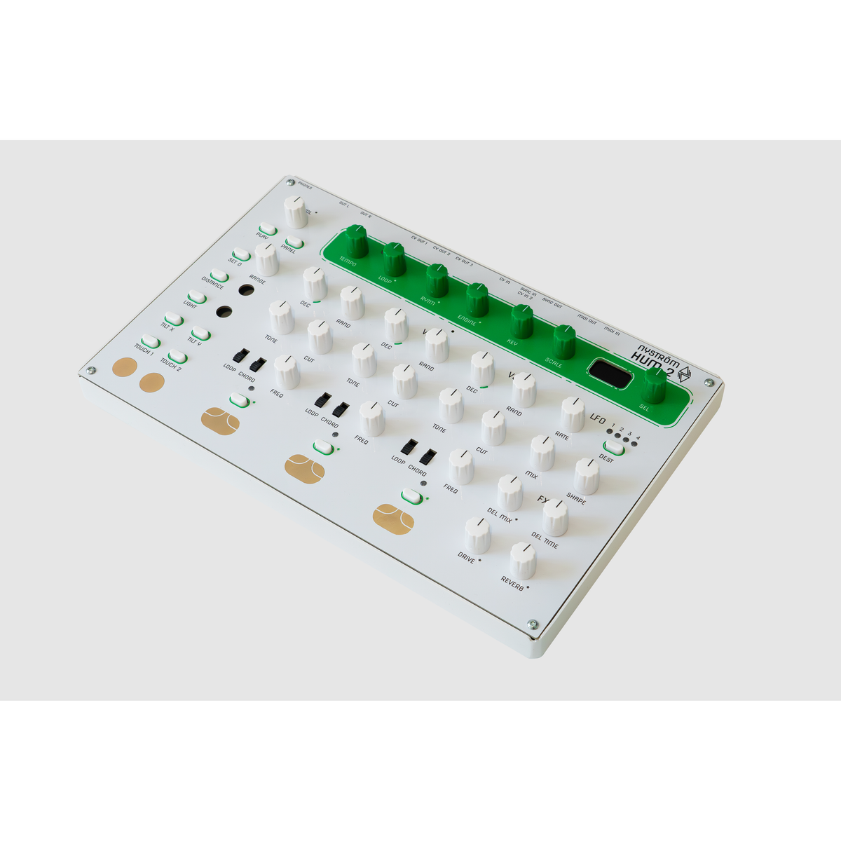 Nyström HUM 2 at an angle, showing knobs, switches and brass touch pads
