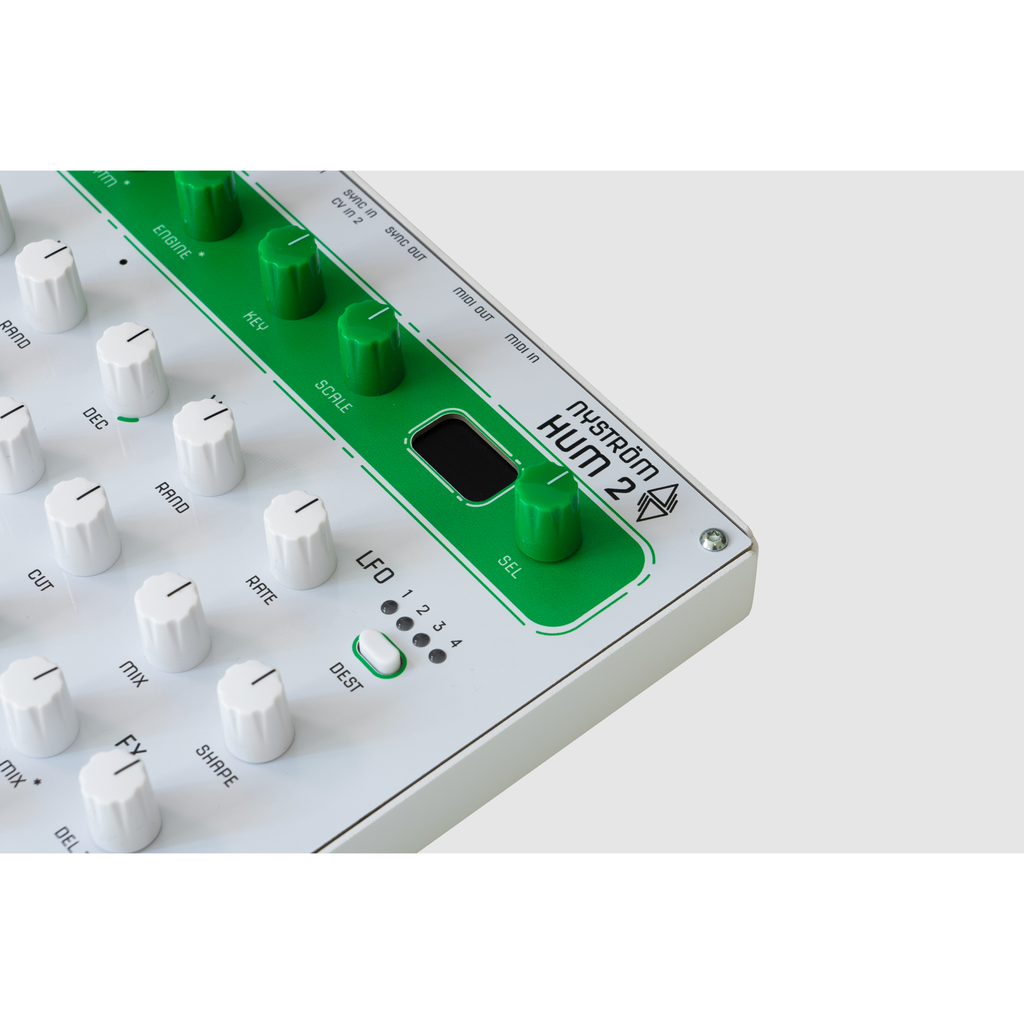 Close-up of the HUM 2 logo, display, SEL encoder and LFO controls