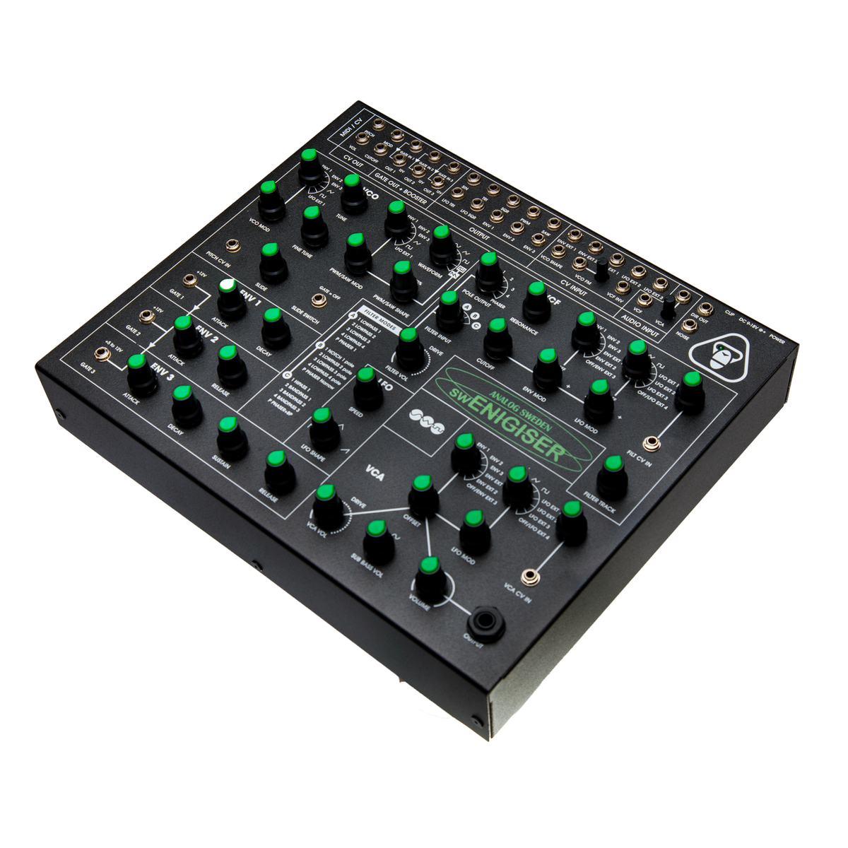 Sintetizzatore analogico swEnigiser Limited Edition, vista angolata