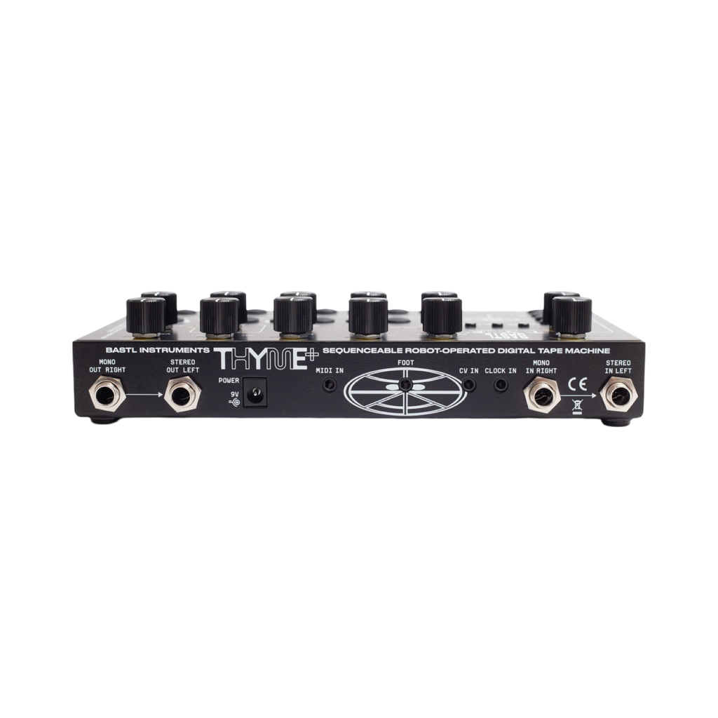Pannello posteriore del Bastl Thyme+ con connessioni audio, MIDI, CV e clock