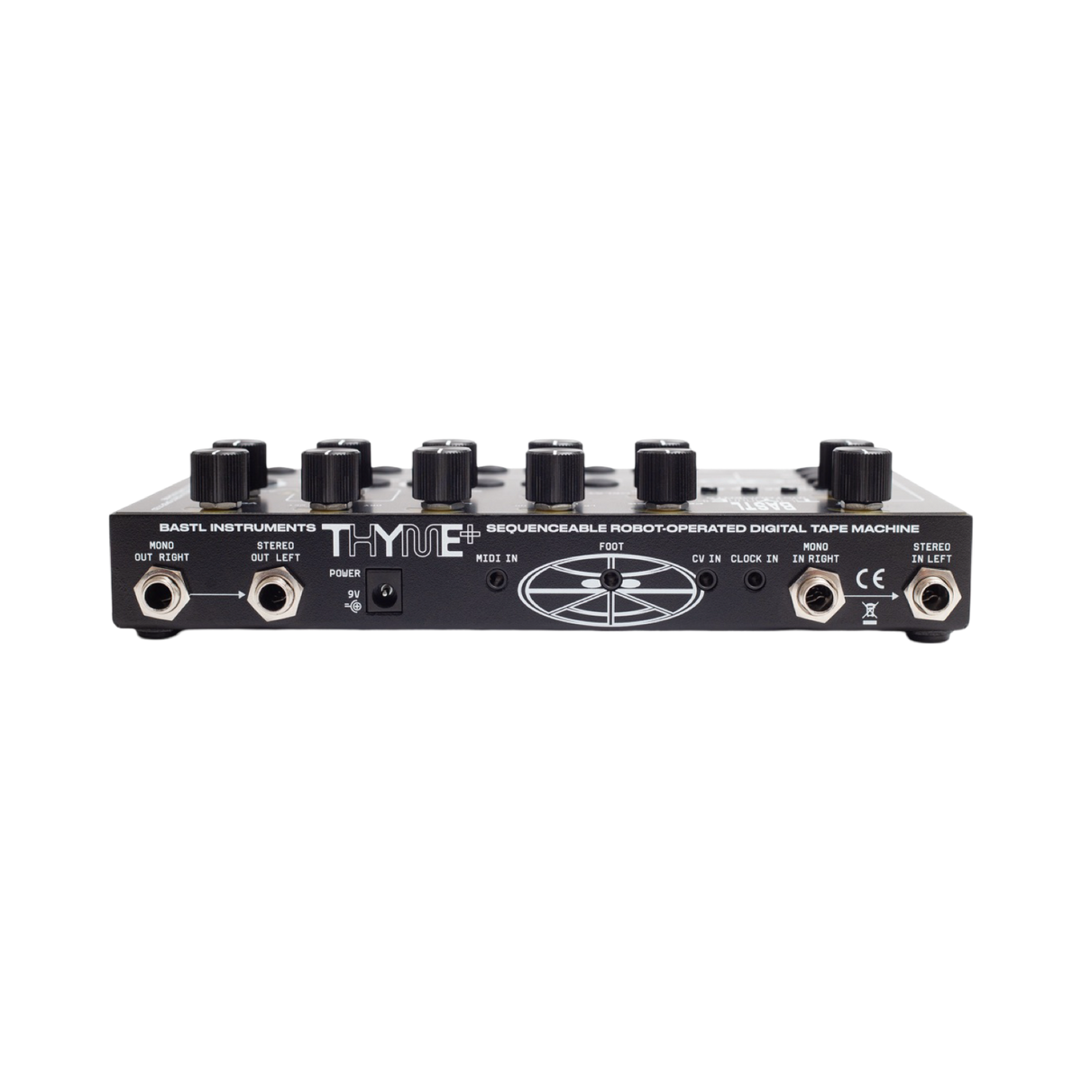 Pannello posteriore del Bastl Thyme+ con connessioni audio, MIDI, CV e clock