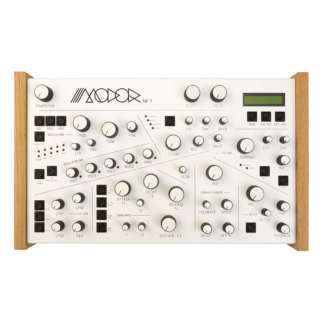 Modor NF-1 digital synthesizer with white panel and angled knobs