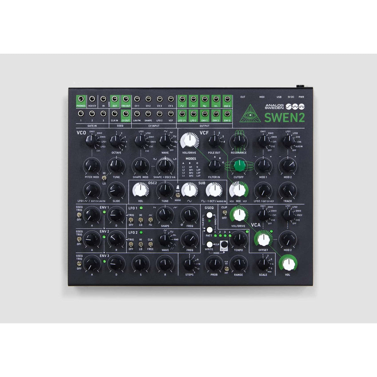 SWEN2 analog synthesizer top panel with patch section